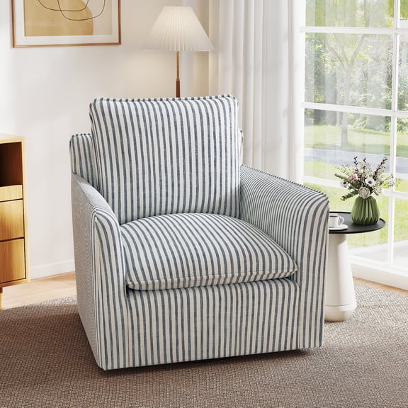 Ebello  360° Swivel Chair with Thick Cushion – Blue Stripe Fabric Accent Chair for Living Room, Bedroom, Office – Fully Assembled