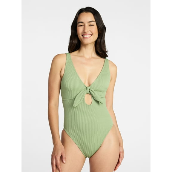 Time and Tru Women's and Women's Plus Size Crinkle Plunge Tie Front One Piece Swimsuit, Sizes XS-3X